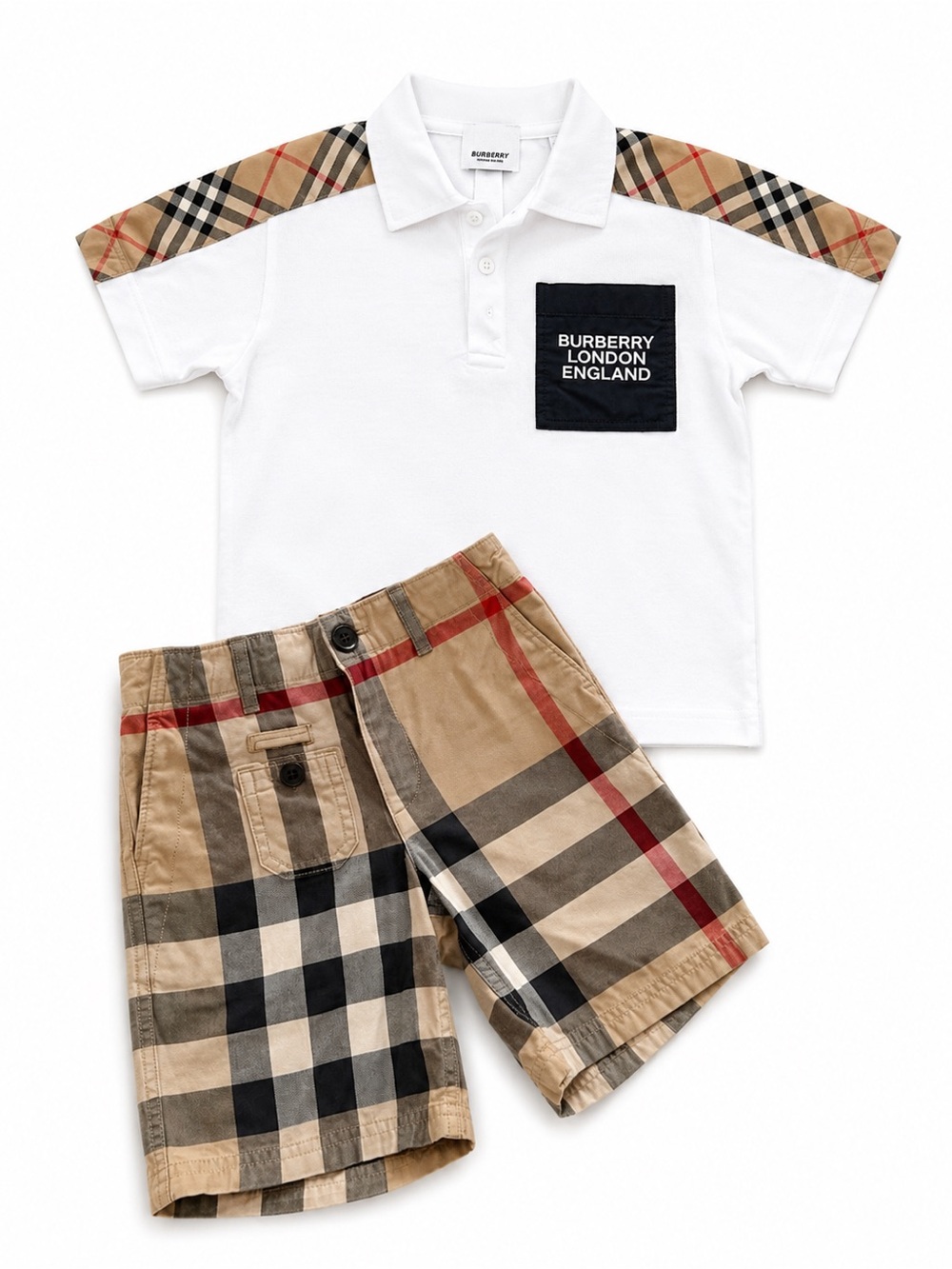 Burberry White Polo with Classic Beige Check Shorts